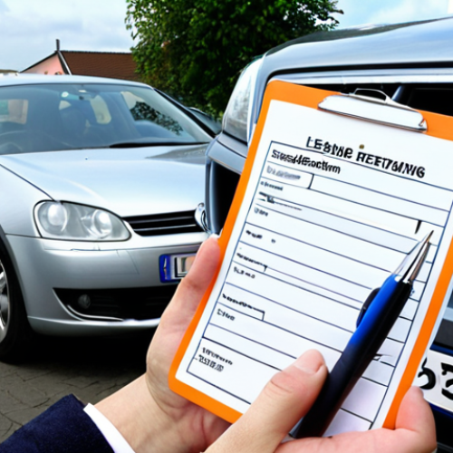 Home 19 **
Prompt: A person standing next to a used car, looking thoughtfully at it, holding a checklist and pen. In the background, a dealership with "Leasing" sign is slightly blurred. Emphasize the decision between buying and returning the car. German license plate.
**