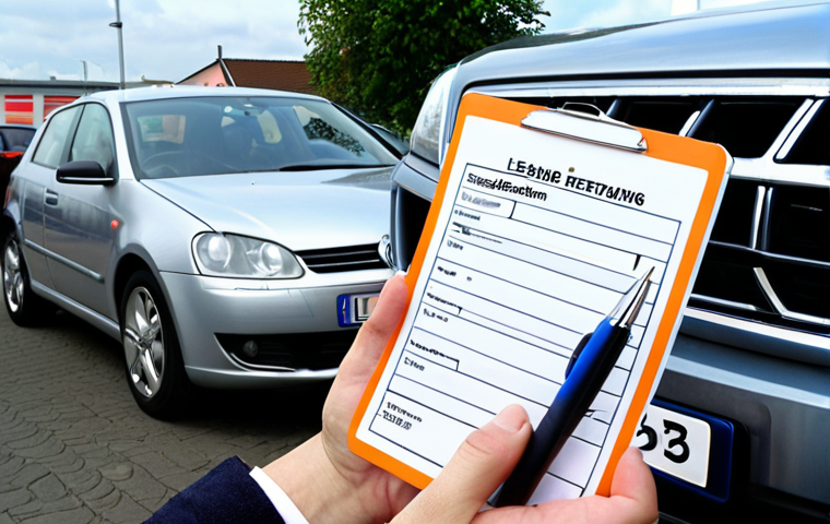 **
Prompt: A person standing next to a used car, looking thoughtfully at it, holding a checklist and pen. In the background, a dealership with "Leasing" sign is slightly blurred. Emphasize the decision between buying and returning the car. German license plate.
**