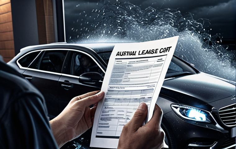 **
A frustrated person holding a car leasing contract, surrounded by hidden fees and charges swirling around them like a storm cloud. In the background, a shiny new car is visible but obscured by the chaos of the financial details. The overall tone is dark and overwhelming.
**