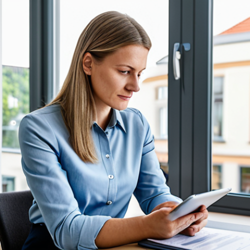 Home 8 A professional German woman in her mid-30s, wearing a modest, tailored business casual outfit, sits confidently at a modern, uncluttered desk in a bright home office. She is thoughtfully reviewing financial documents on a tablet, with a car brochure and a set of car keys subtly placed nearby. The background features a blurred, modern German cityscape visible through a large window, suggesting a smart financial decision leading to freedom. The lighting is soft and natural, emphasizing a calm and intelligent atmosphere. perfect anatomy, correct proportions, natural pose, well-formed hands, proper finger count, natural body proportions, fully clothed, modest clothing, appropriate attire, professional dress, safe for work, appropriate content, professional.