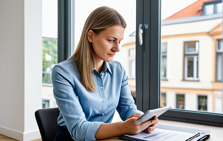A professional German woman in her mid-30s, wearing a modest, tailored business casual outfit, sits confidently at a modern, uncluttered desk in a bright home office. She is thoughtfully reviewing financial documents on a tablet, with a car brochure and a set of car keys subtly placed nearby. The background features a blurred, modern German cityscape visible through a large window, suggesting a smart financial decision leading to freedom. The lighting is soft and natural, emphasizing a calm and intelligent atmosphere. perfect anatomy, correct proportions, natural pose, well-formed hands, proper finger count, natural body proportions, fully clothed, modest clothing, appropriate attire, professional dress, safe for work, appropriate content, professional.