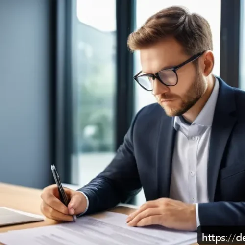 리스 차량 계약서 체크리스트 - A detailed business office scene showing a German professional carefully reviewing a complex leasing...