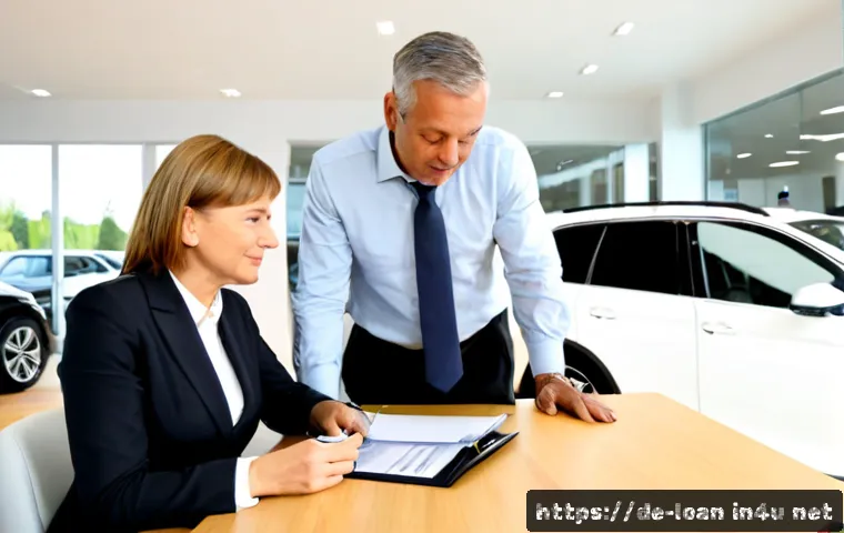 Home 30 무보증 리스 조건 - Photorealistic German car leasing consultation in a bright modern dealership, middle-aged couple rev...