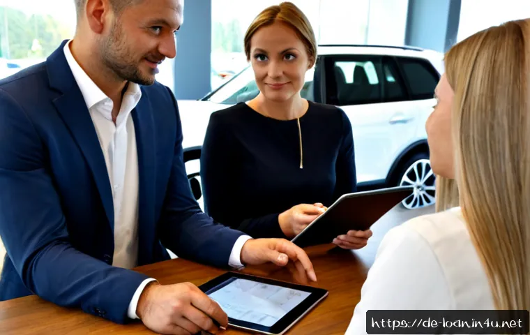 Home 30 자동차 리스 잔가 보증 - Photorealistic German car leasing consultation in a bright modern dealership, middle-aged couple sea...