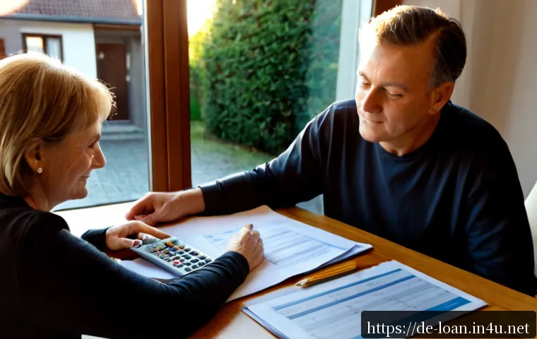 Home 17 주택담보대출 조기 상환 - Photorealistic German homeowner couple in their late 50s reviewing an early mortgage repayment plan ...